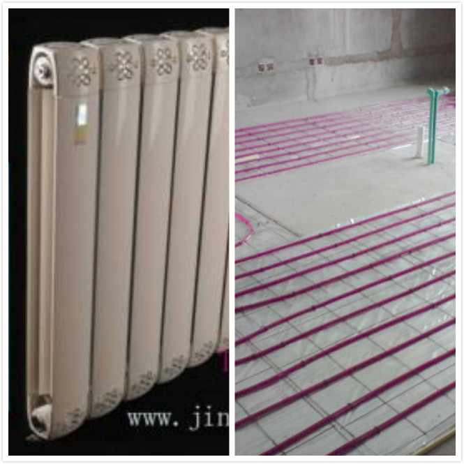 地暖和暖氣片的區(qū)別,左圖為金旗艦暖氣片，右圖為地暖實(shí)地鋪設(shè)。